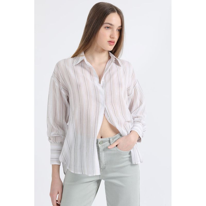 LIOLA - Camisa Listada Fantasia Hilo Metalizado, Beige Liola