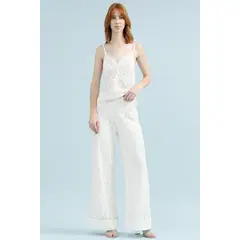 LIOLA - Pantalon Ancho Tiro Alto, Encaje, Crudo