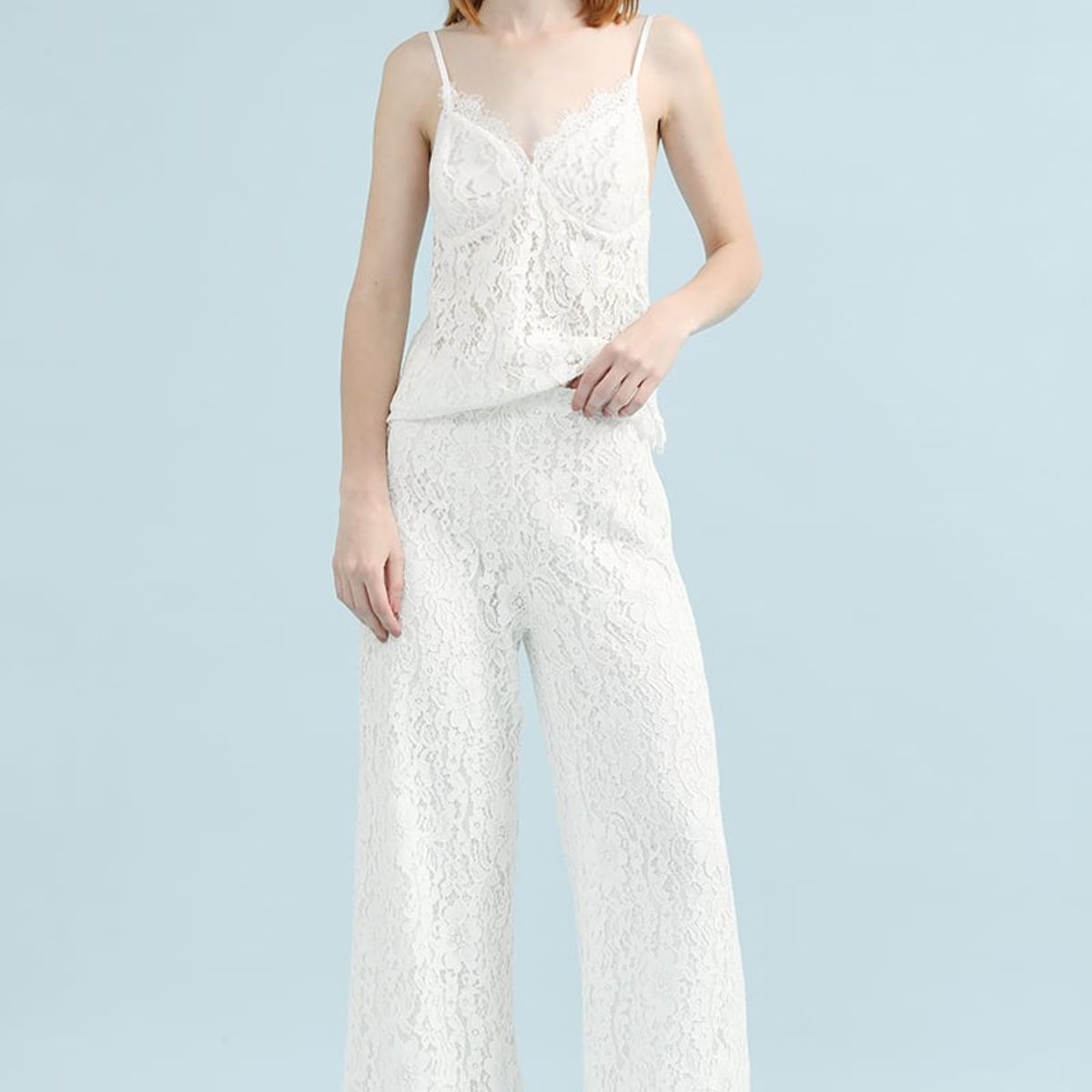 LIOLA - Pantalon Ancho Tiro Alto, Encaje, Crudo Liola