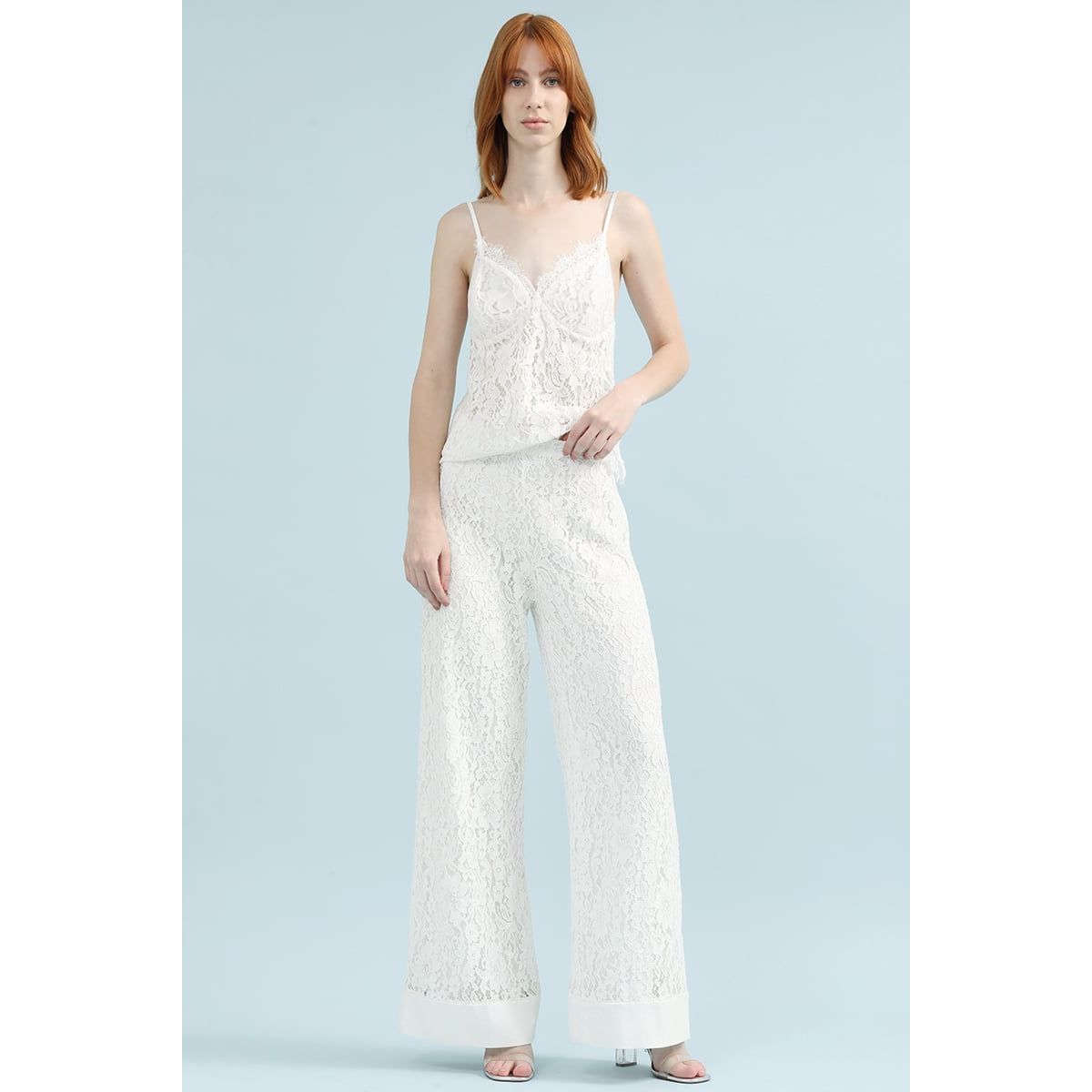 LIOLA - Pantalon Ancho Tiro Alto, Encaje, Crudo Liola