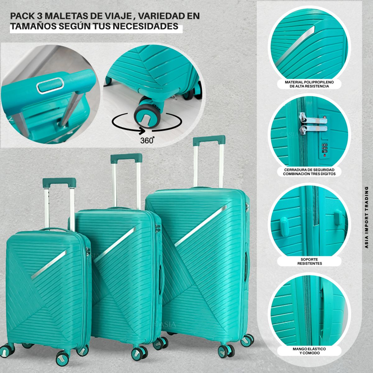 HOME & DESING - Set de 3 Maletas Rígidas color Verde