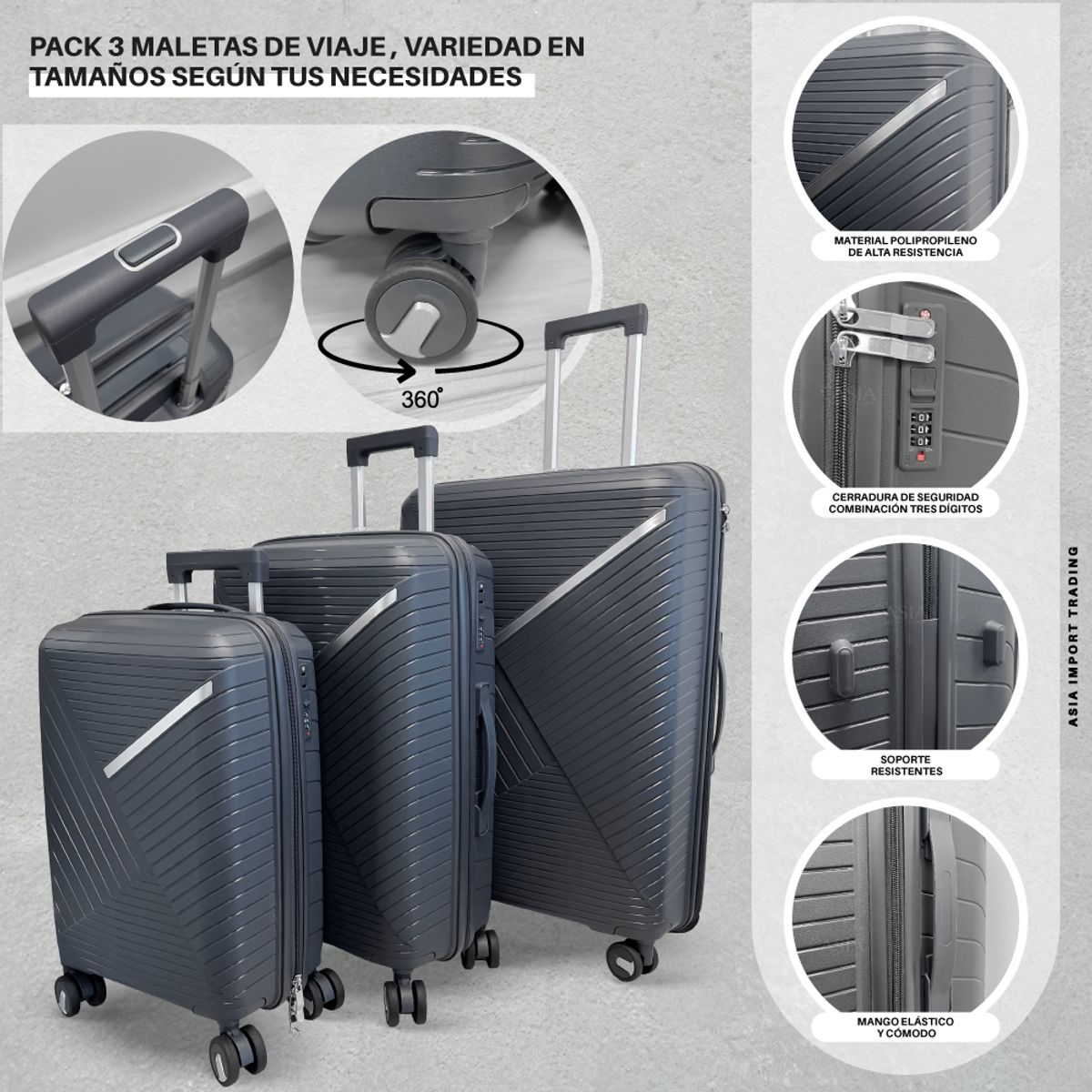 HOME & DESING - Set de 3 Maletas Rígidas color Gris Oscuro