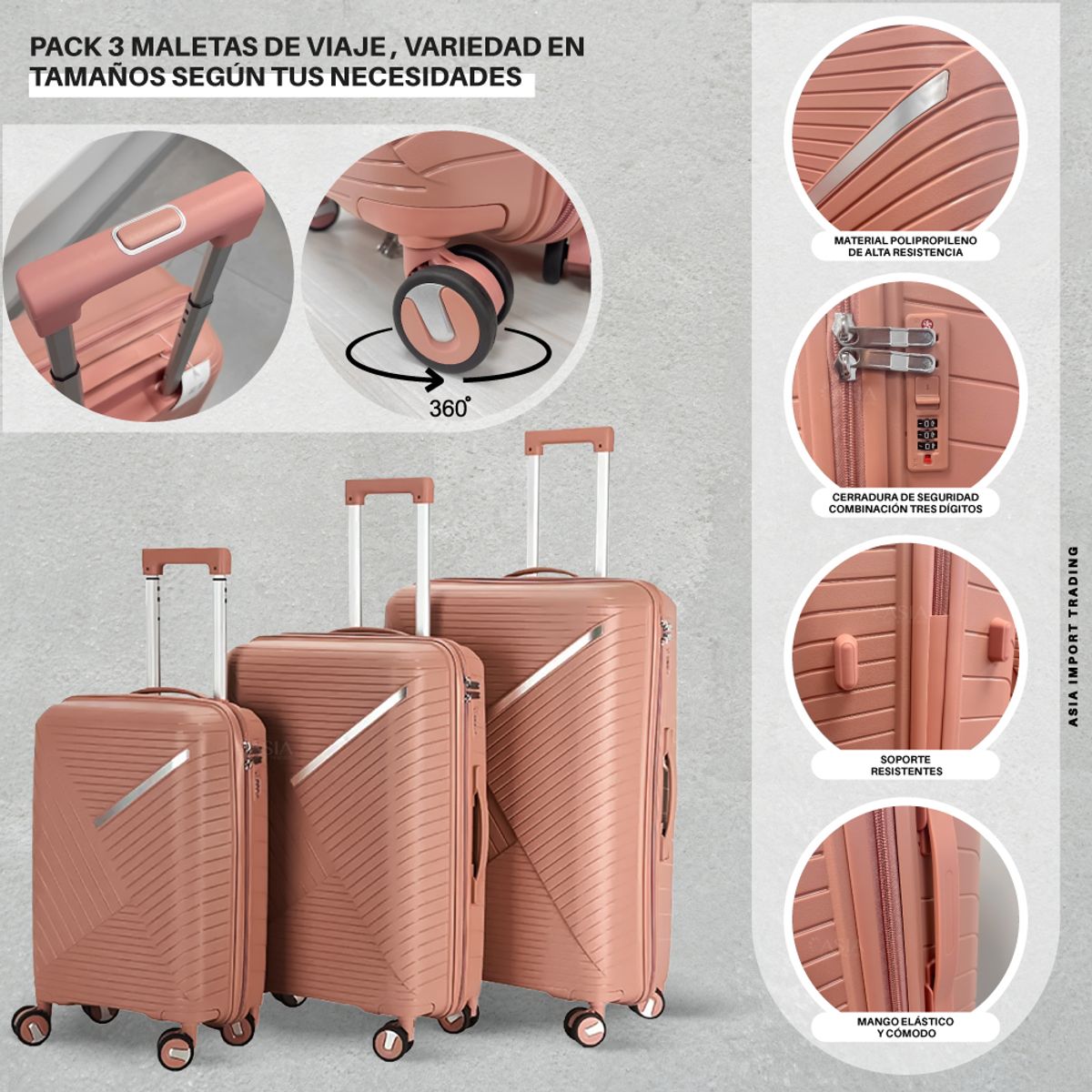 HOME & DESING - Set de 3 Maletas Rígidas color Rosado