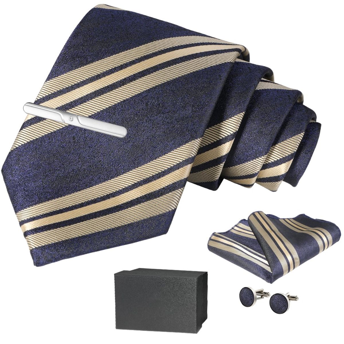 SLOWTON - Set Corbata Pañuelo Seda Gemelos Clip Hombre Caja Regalo