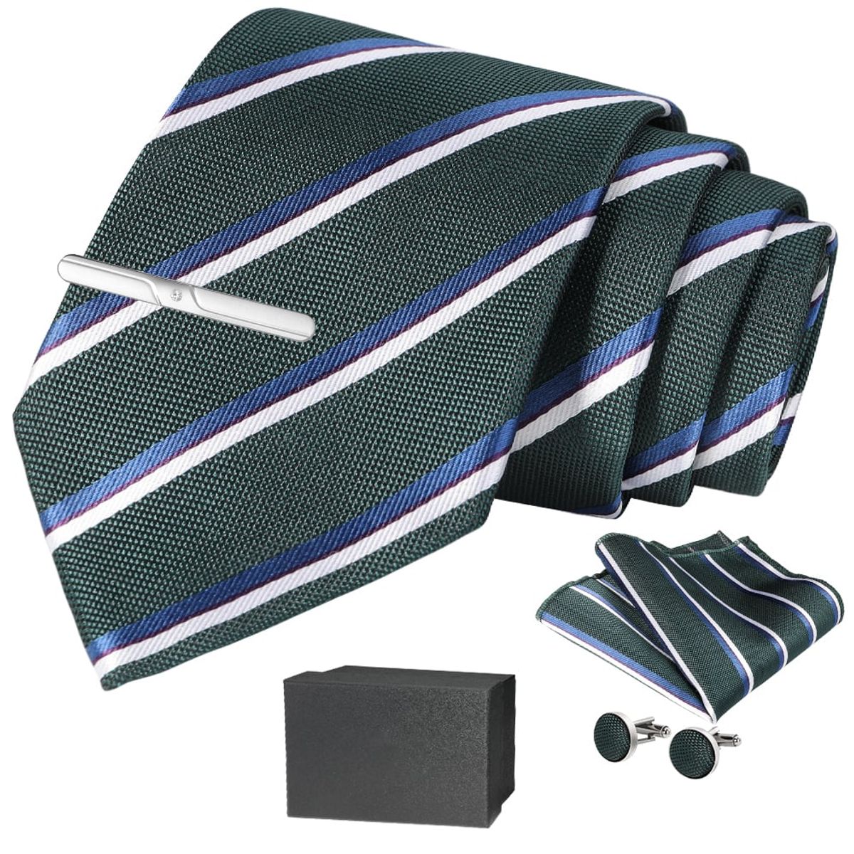 SLOWTON - Set Corbata Pañuelo Seda Gemelos Clip Hombre Caja Regalo