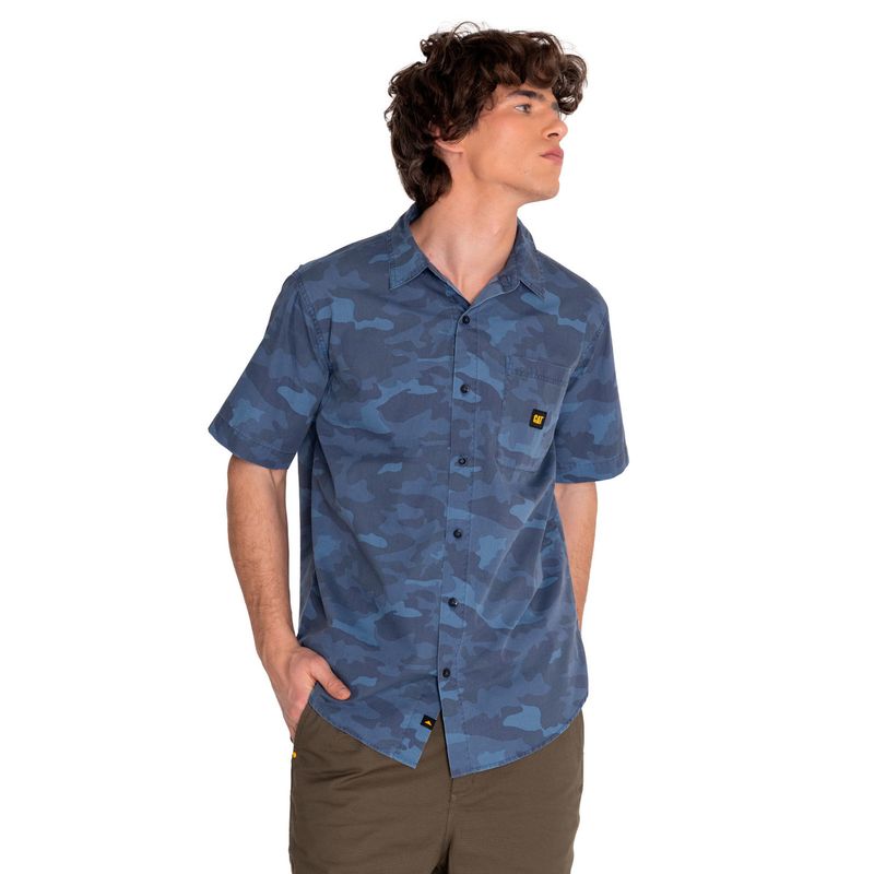 CAT - Camisa Manga Corta Hombre Relaxed Print Poplin Azul CAT