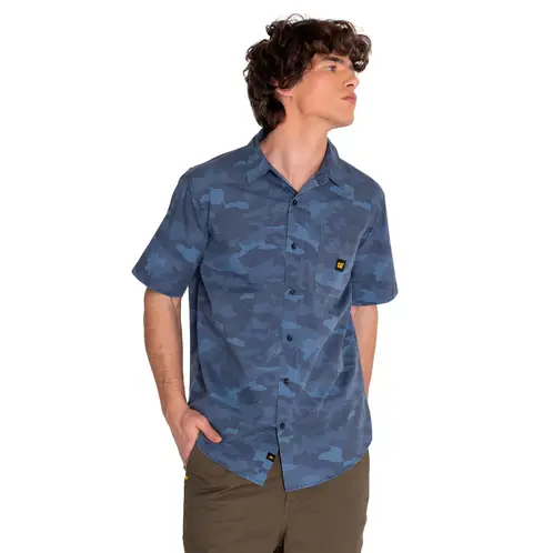 CAT - Camisa Manga Corta Hombre Relaxed Print Poplin Azul