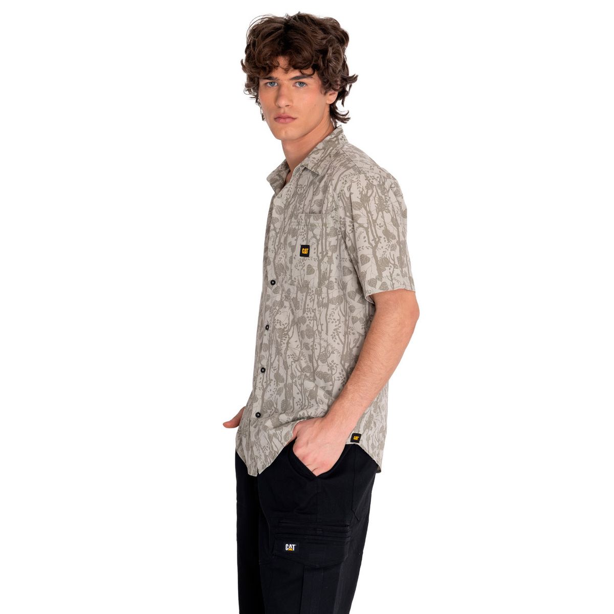 CAT - Camisa Manga Corta Hombre Relax Print Poplin Beige CAT