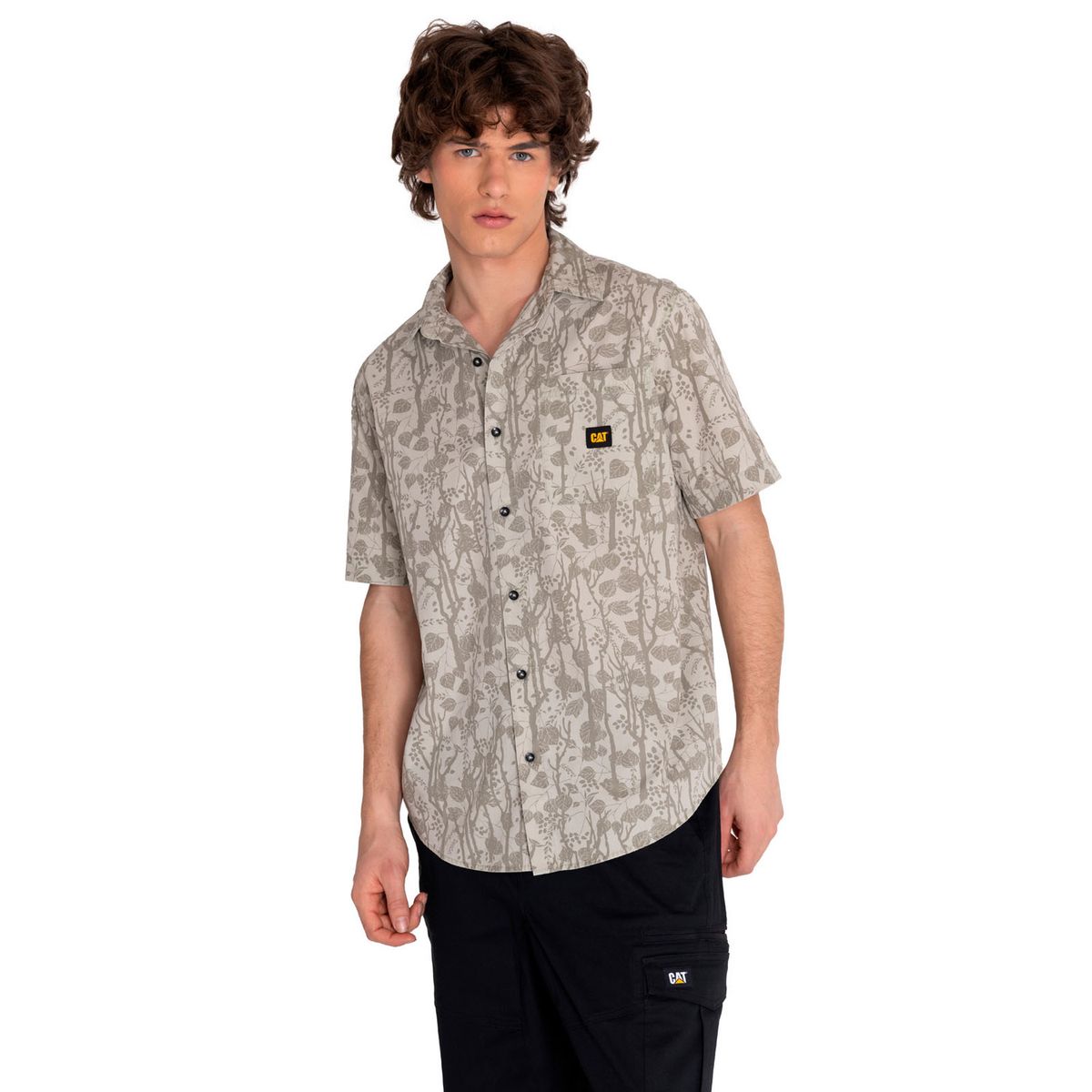 CAT - Camisa Manga Corta Hombre Relax Print Poplin Beige CAT