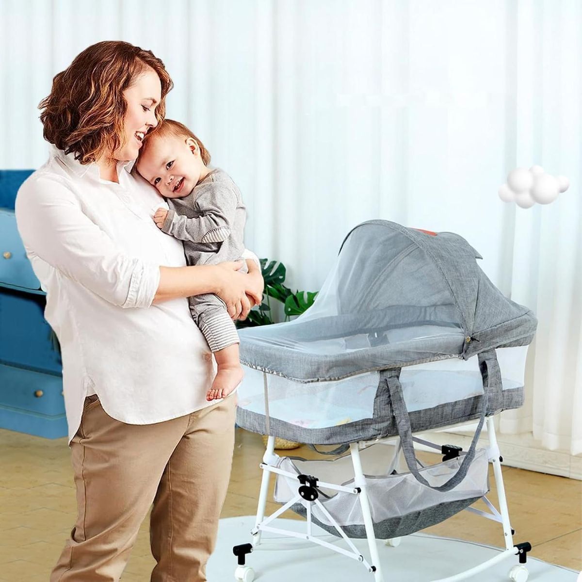 ELEONOR - Cuna de bebé Moises Portátil Plegable 3 en 1 Gris Con Ruedas