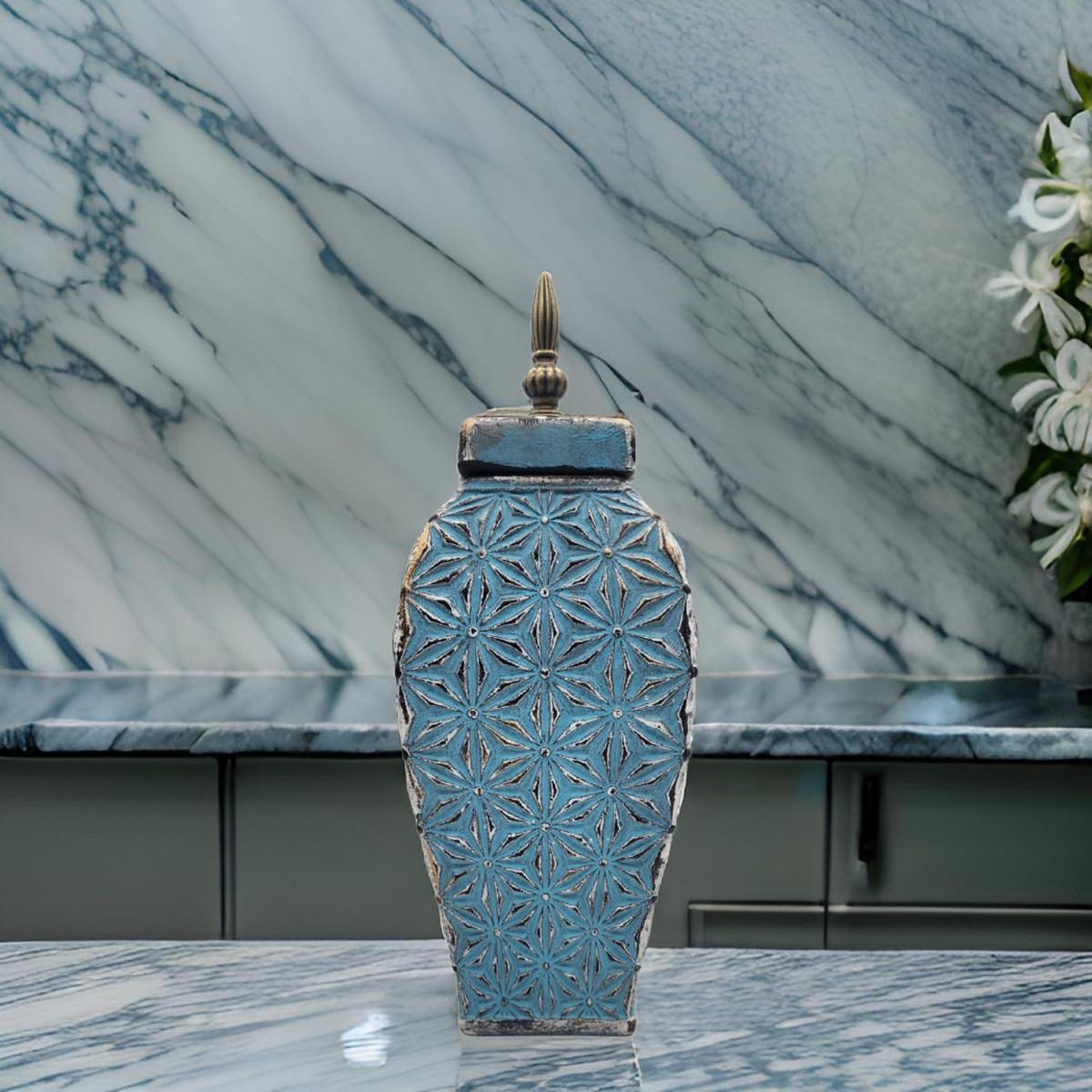 GENERICO - Florero Jarron De Cerámica Azul Envejecido Antiguo Alargado