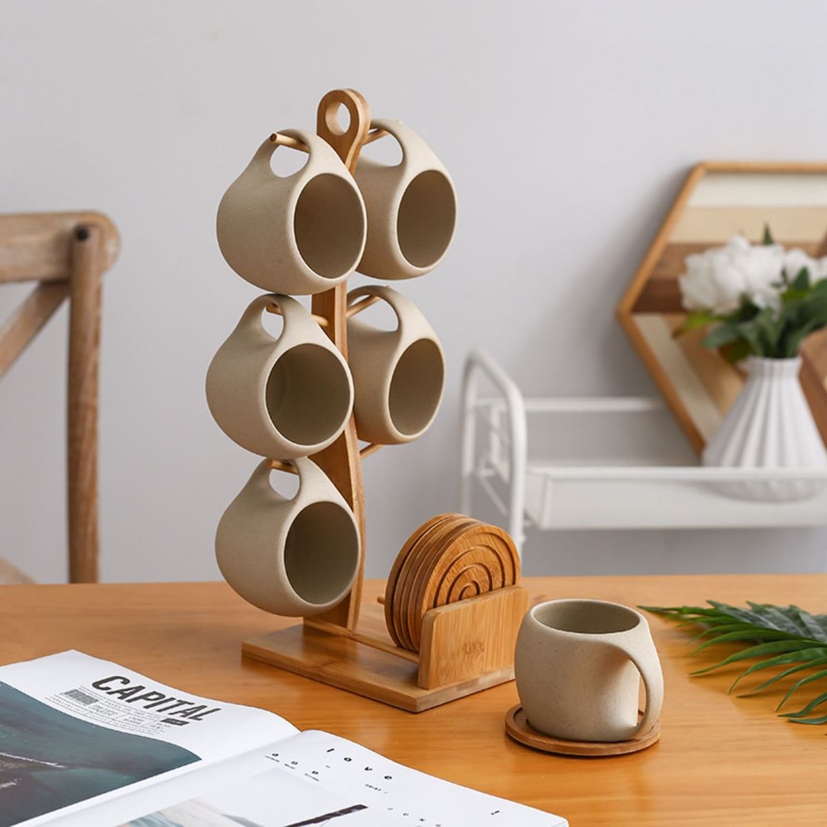 SANTU HOME & DECO - Juego de 6 Tazas Nórdico con Soporte y Posavasos