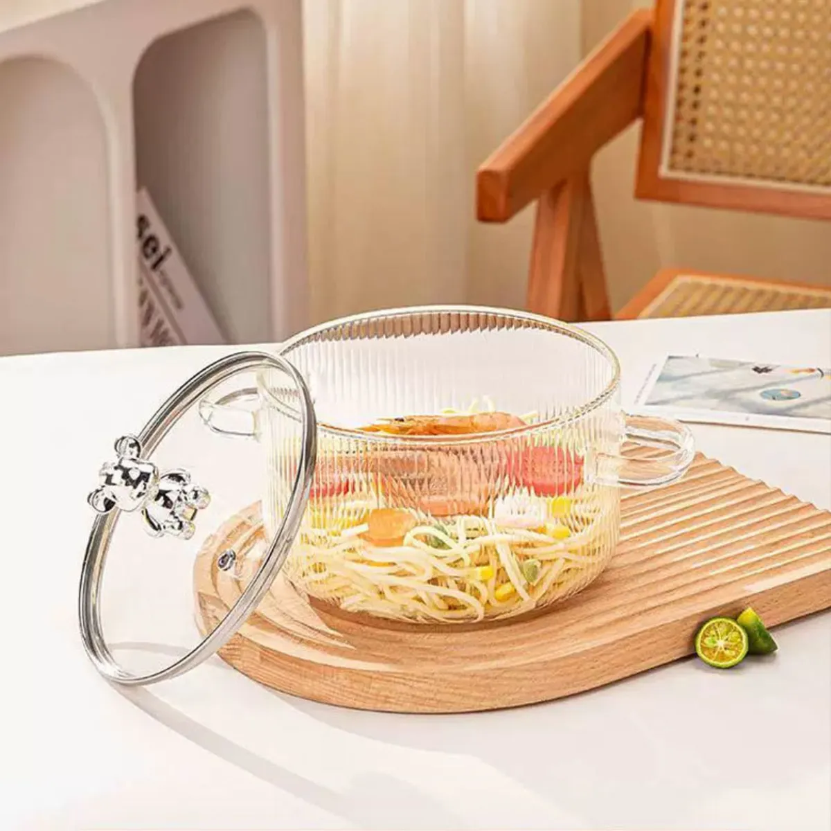 SANTU HOME & DECO - Olla De Vidrio Con Tapa Para Sopas Compacta Cocina 1,6 L Gris