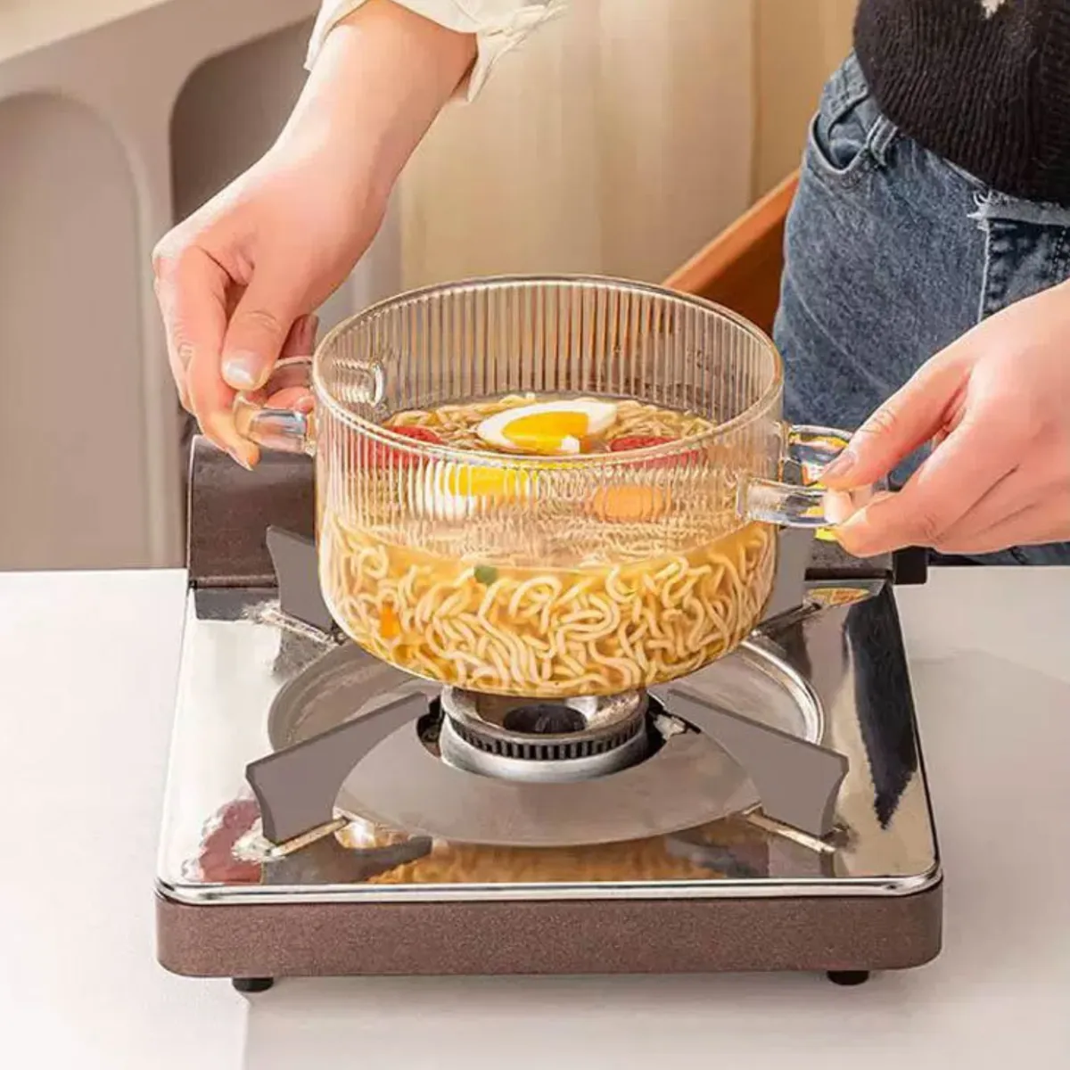 SANTU HOME & DECO - Olla De Vidrio Con Tapa Para Sopas Compacta Cocina 1,6 L Gris