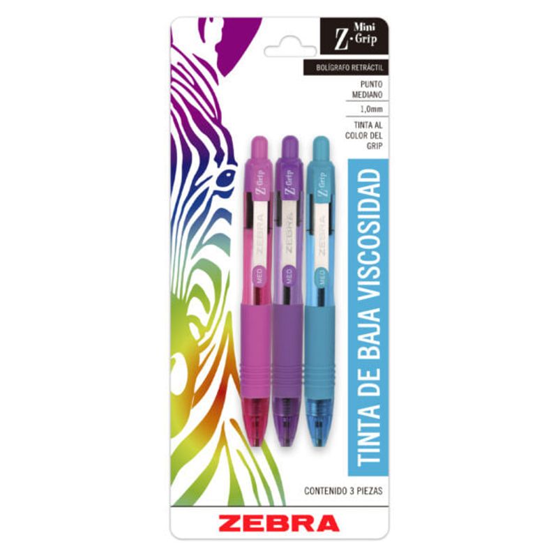 ZEBRA - Bolígrafo-Tinta Baja Viscosidad Mini Z-Grip Lila-Rosa-Verde