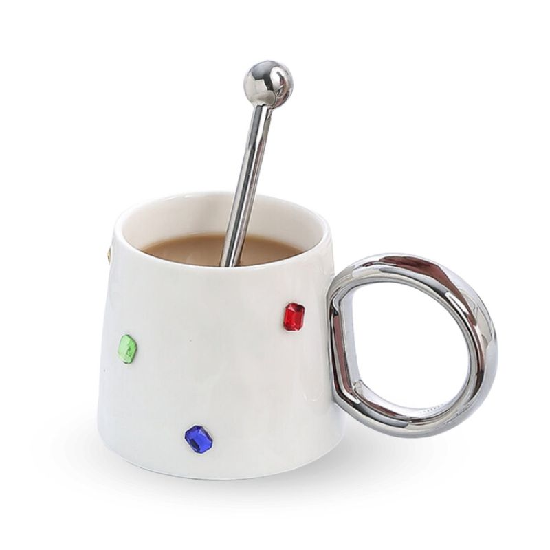 SANTU HOME & DECO - Taza con Brillos tipo Joyas 300 ml Cerámica + Cuchara