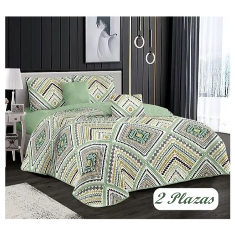 COMPRAPO - Cubrecama Quilt Liviano 2 Pzas Mod Etnic Green + 2 Fundas