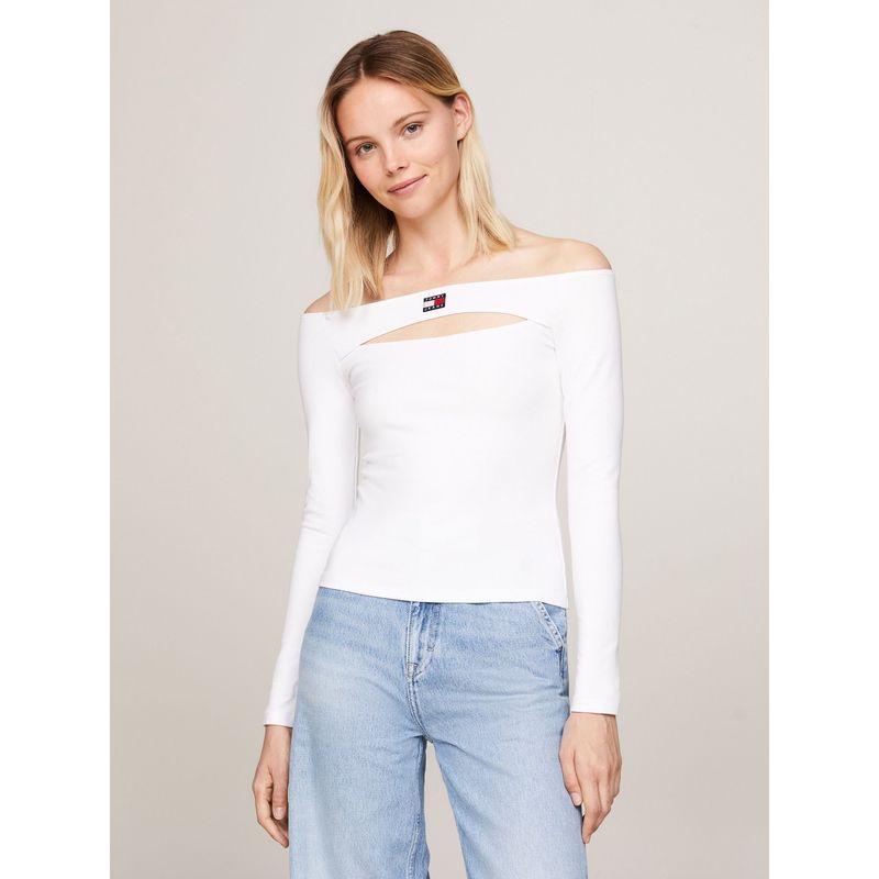 TOMMY HILFIGER - Polera Cut-Out Con Logo De Parche Blanco Tommy Jeans