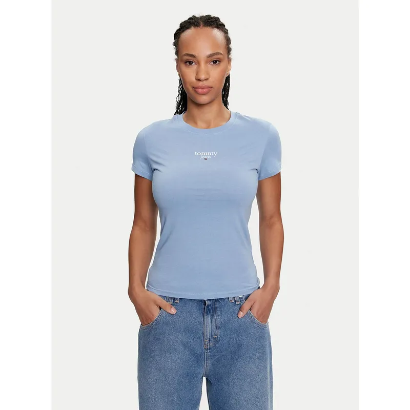 TOMMY HILFIGER - Polera Essential Slim Fit Con Logo Celeste Tommy Jeans
