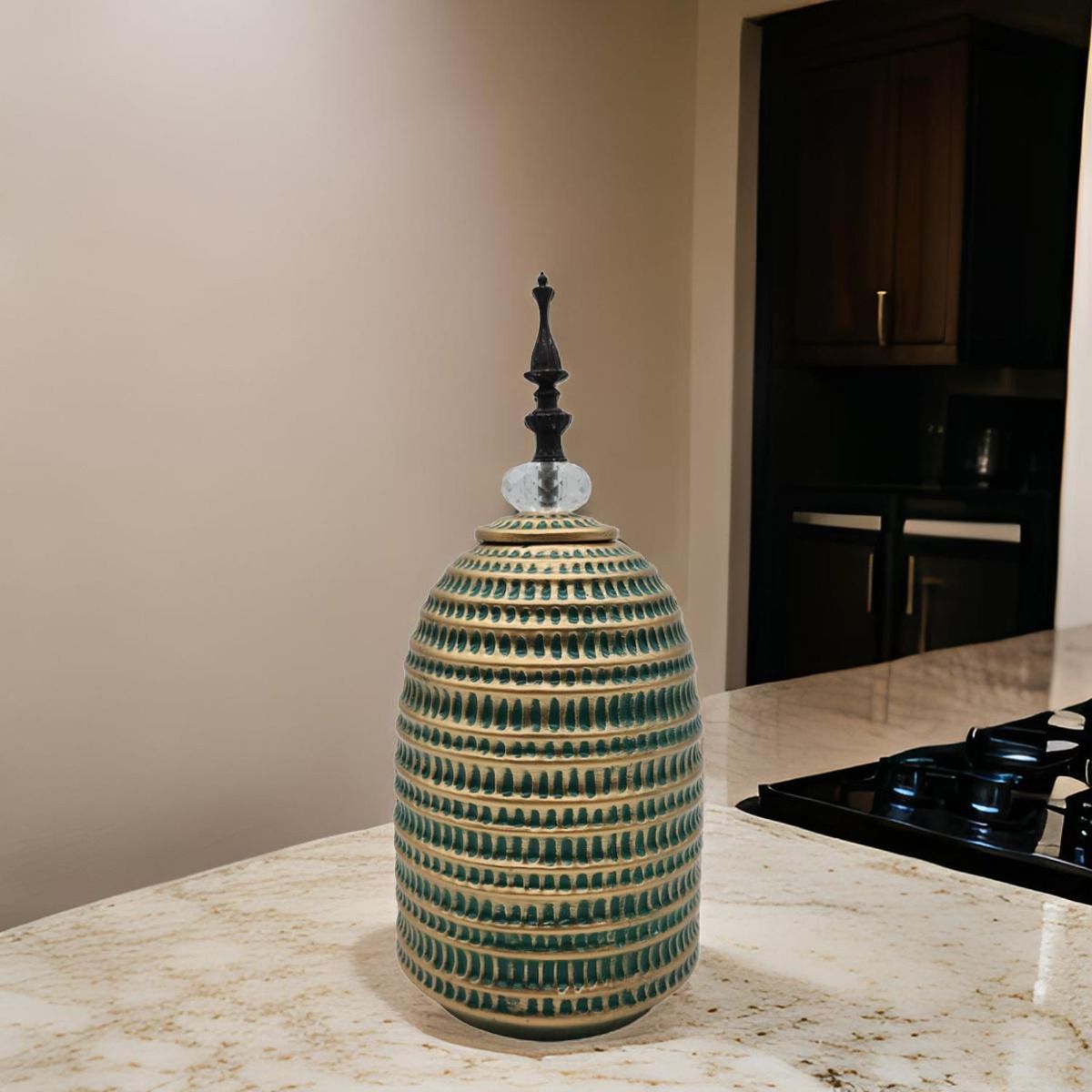 GENERICO - Jarron Florero Ceramica Decorativo Verde Con Dorado Egipcio