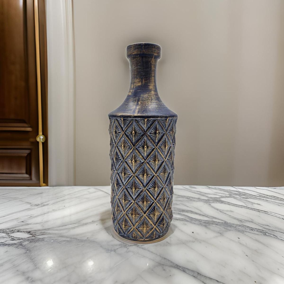 GENERICO - Jarron Florero Ceramica Diseño Rombos Azul Dorado Alargado