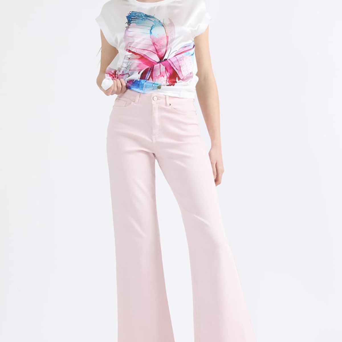 LIOLA - Jeans Procesado Palazzo, Tiro Medio, Rosa Liola