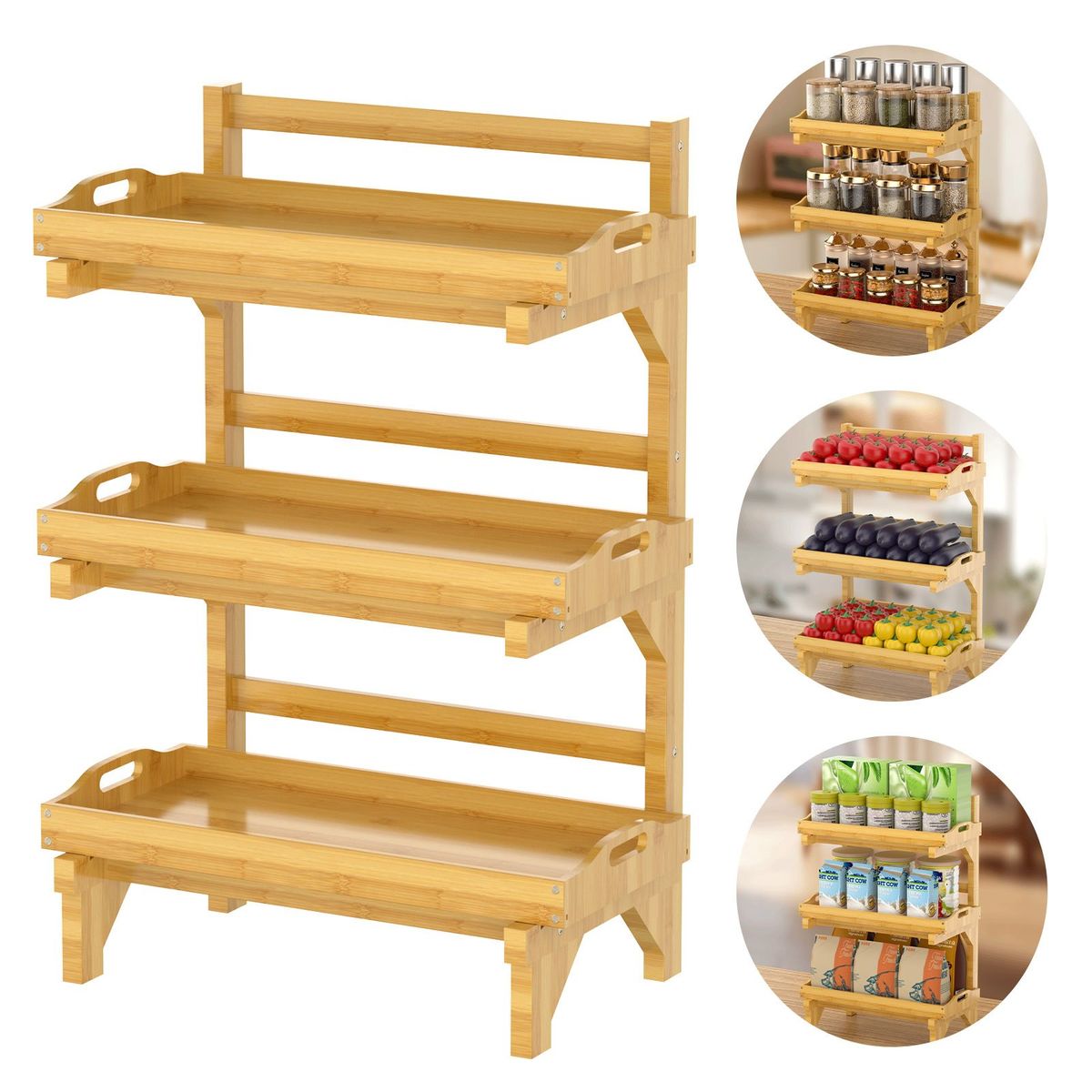 HALMAN - Estante de Bambú 3 Niveles con Bandejas Extraíbles