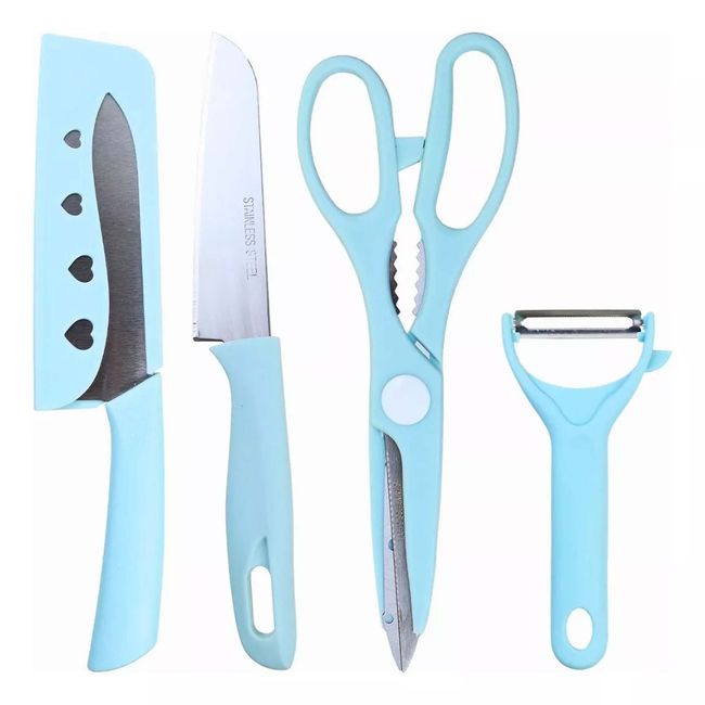 GENERICO - Set Tabla De Cortar Más Cuchillos Tijeras Y Pelador Azul