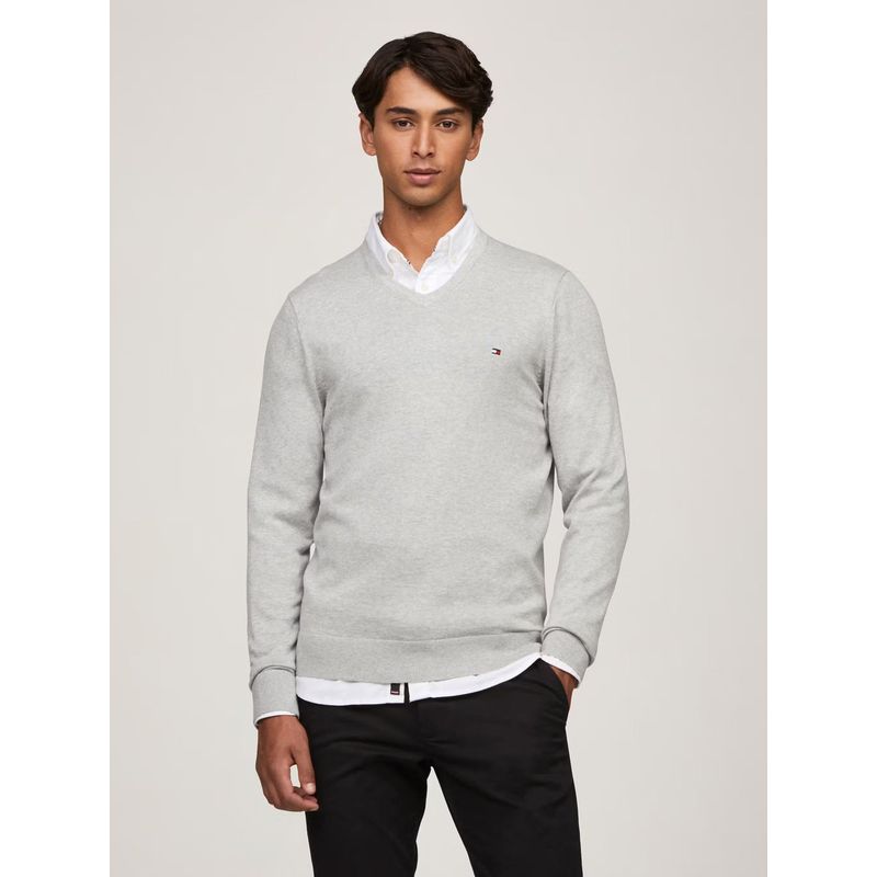 TOMMY HILFIGER - Sweater Básico Signature V-Neck Gris Tommy Hilfiger