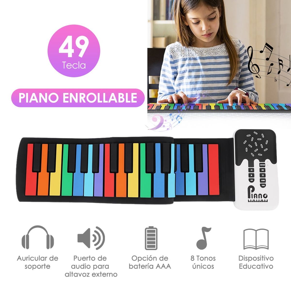 LUKOVEE - Piano Portátil Teclado Musical Flexible Arcoíris 49 Teclas