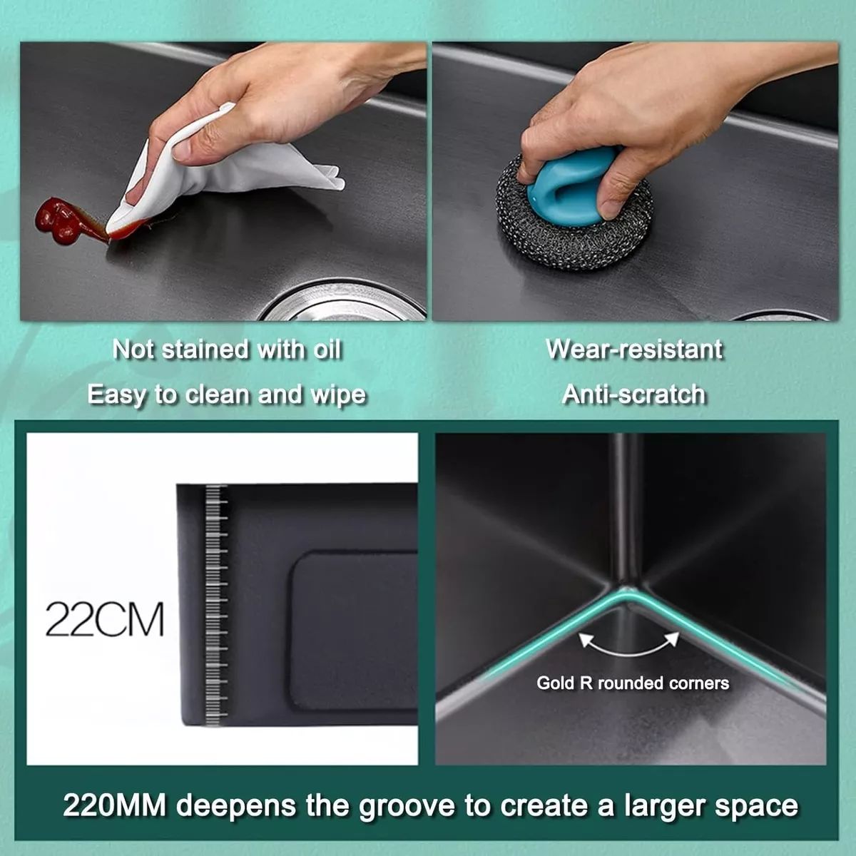 KUANGYE - Promoción Lavaplatos 55x45 Black +llave+rejilla+dispensador