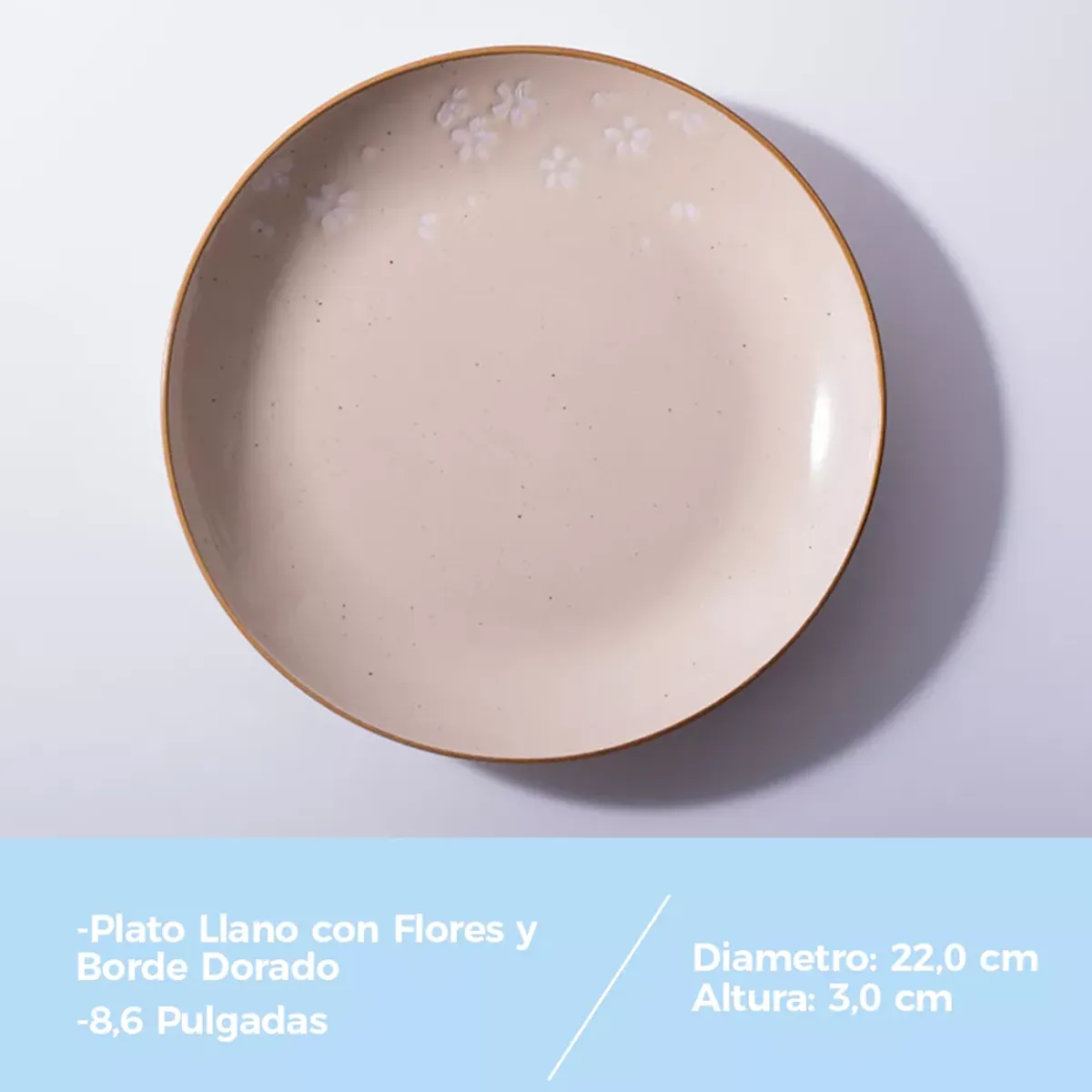 GENERICO - Plato Llano Entrada Cerámica Flores Y Borde Dorado 22cm X6