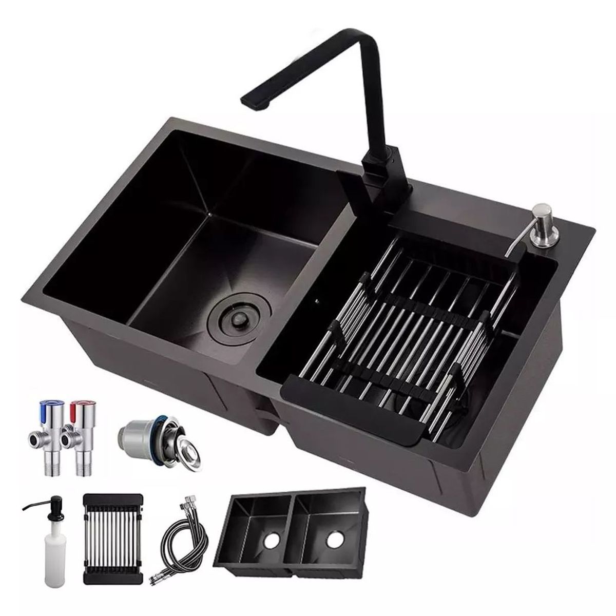 KUANGYE - Lavaplatos 80x45 Cm Deluxe Negro Con Accesorios Y Griferia