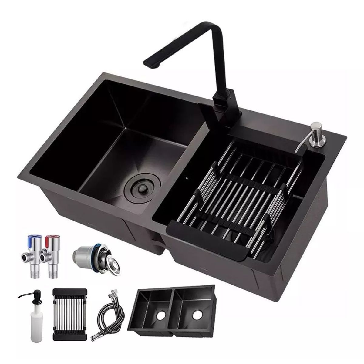 KUANGYE - Lavaplatos 80x45 Cm Deluxe Negro Con Accesorios Y Griferia