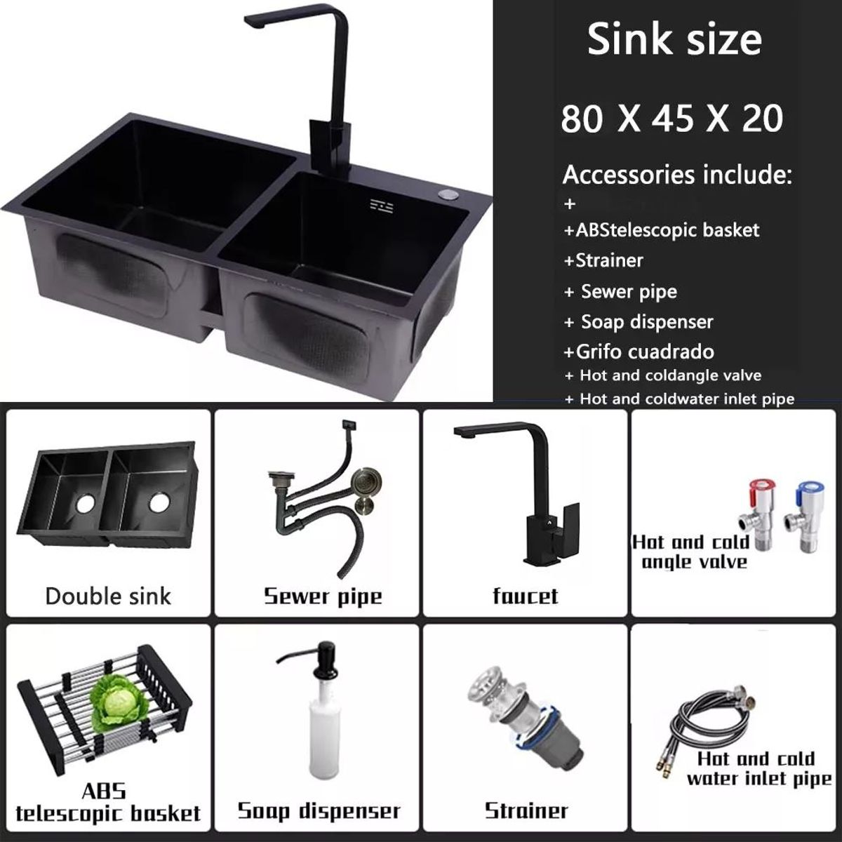 KUANGYE - Lavaplatos 80x45 Cm Deluxe Negro Con Accesorios Y Griferia