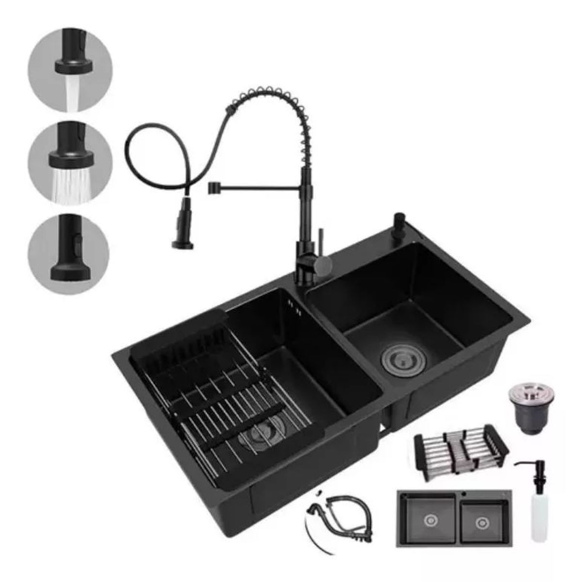 KUANGYE - Lavaplatos 78x43cm Negro + Accesorios Y Griferia Industrial