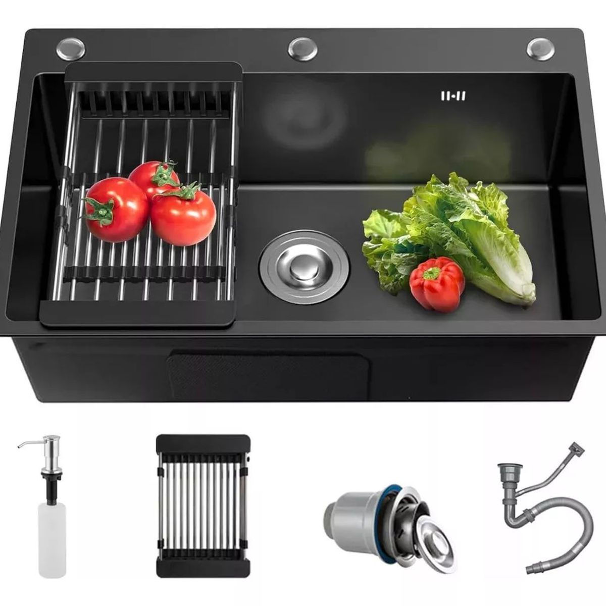 KUANGYE - Lavaplatos 75x45 Cm Negro Deluxe + Rejilla Y Dispensador