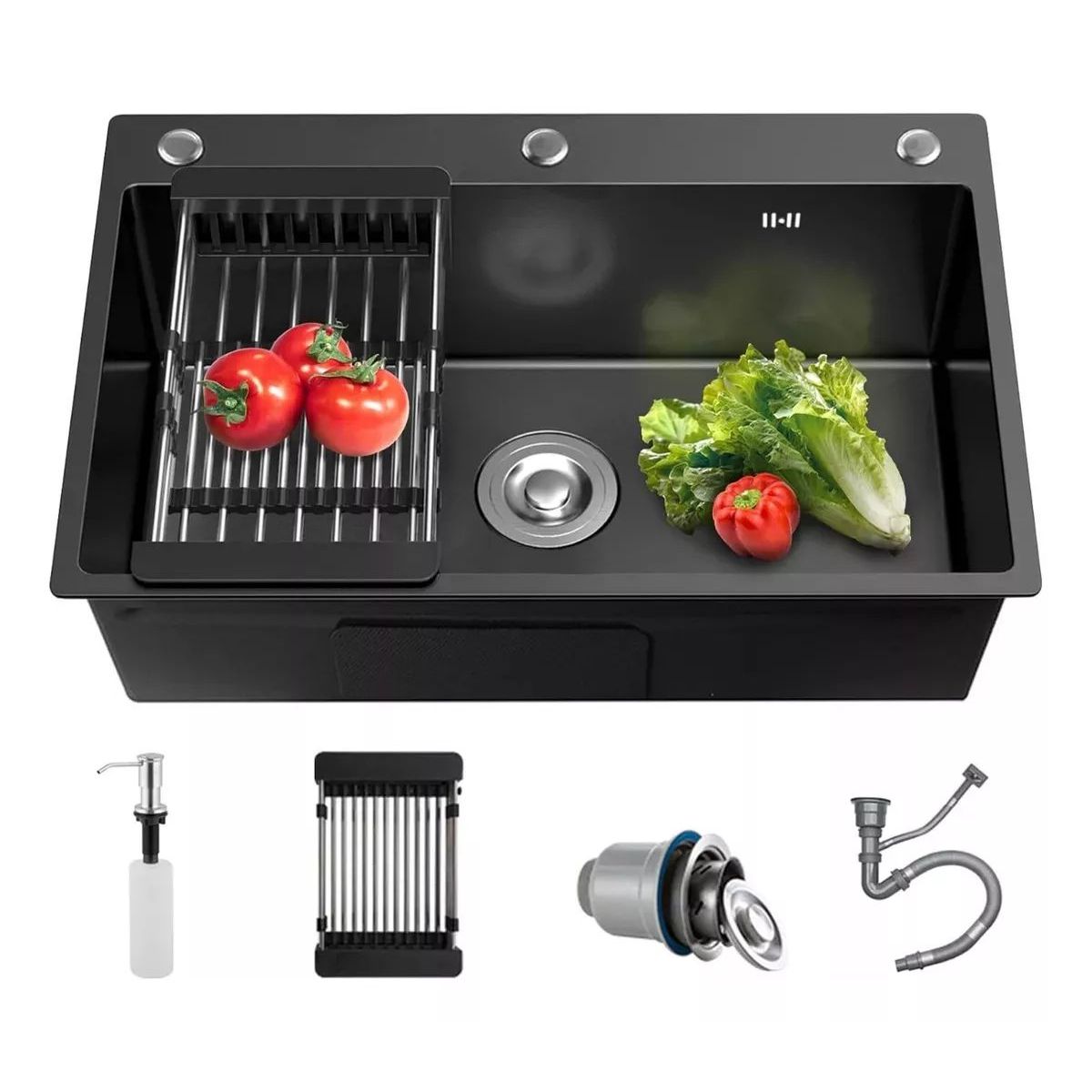 KUANGYE - Lavaplatos 75x45 Cm Negro Deluxe + Rejilla Y Dispensador