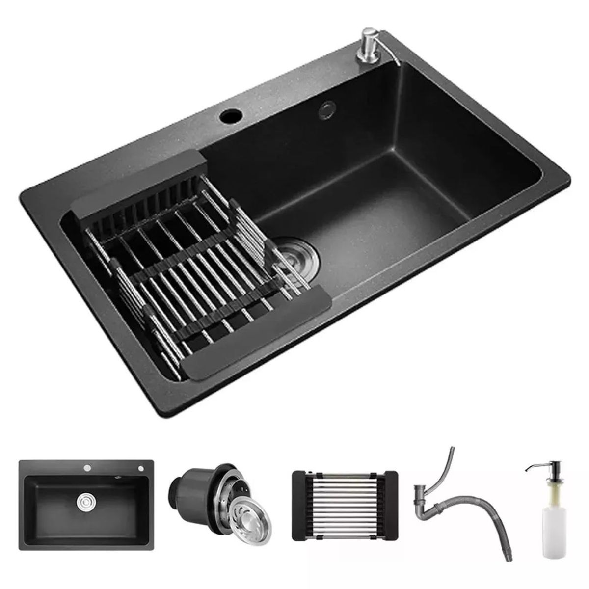 KUANGYE - Lavaplatos 75x45 Cm Negro Deluxe + Rejilla Y Dispensador