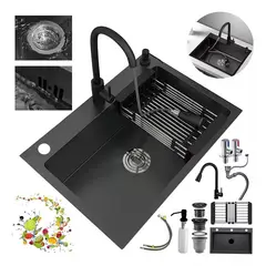 KUANGYE - Lavaplatos 60x45 Cm Negro Con Accesorios griferia Extraible