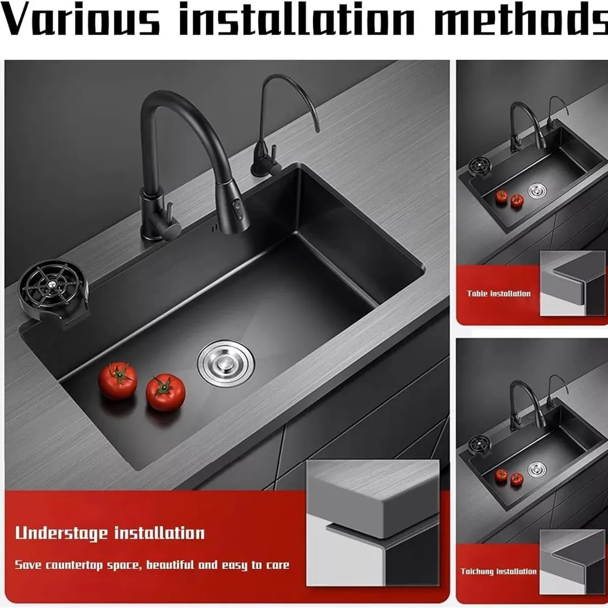 KUANGYE - Lavaplatos 60x45 Cm Negro Con Accesorios griferia Extraible