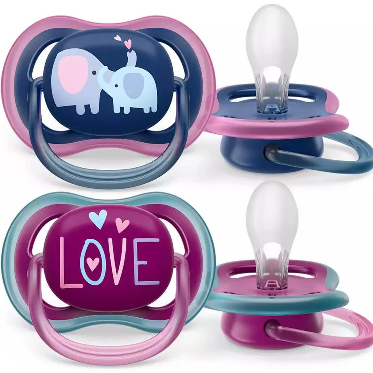 AVENT - Set 2 chupetes Avent 18m+ Niña Elefante/love Scf349/22