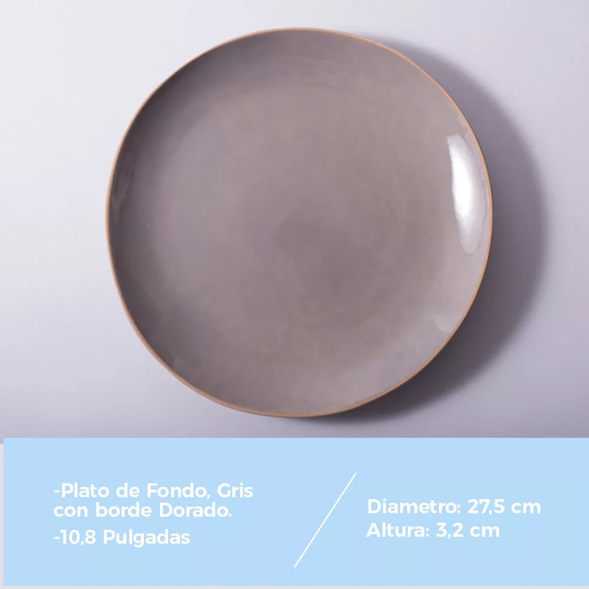 GENERICO - Plato Llano De Fondo Cerámica Gris Borde Dorado 275mm X4