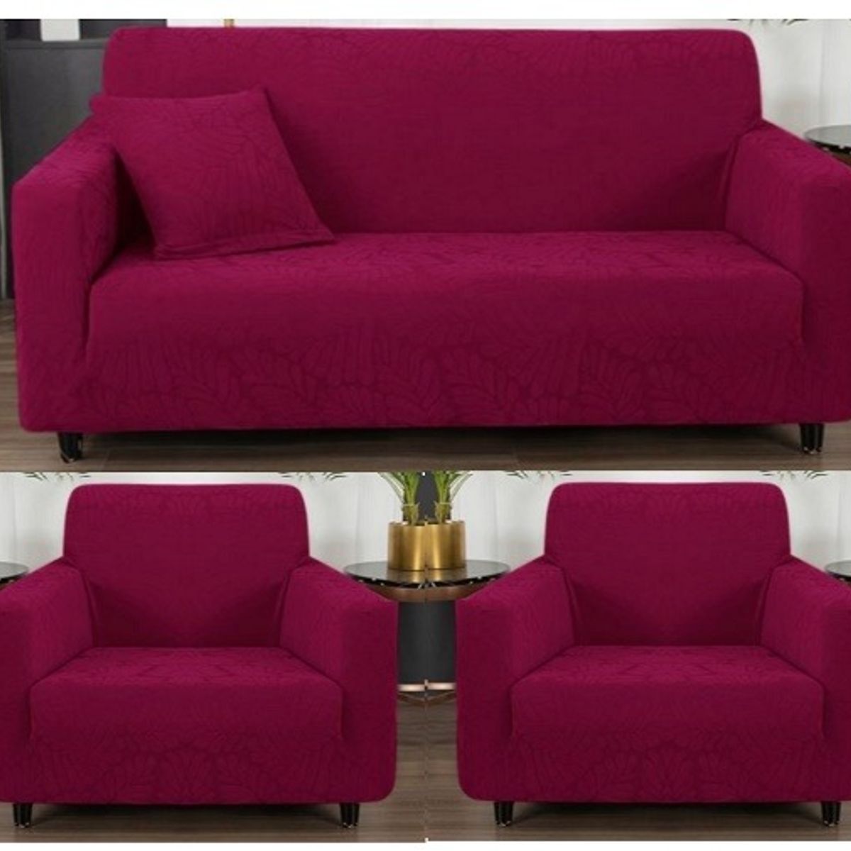 GENERICO - FUNDAS CUBRE SILLON 3+1+1 ELASTICADO VINO DISEÑO DE HOJA 3 FUNDAS TF