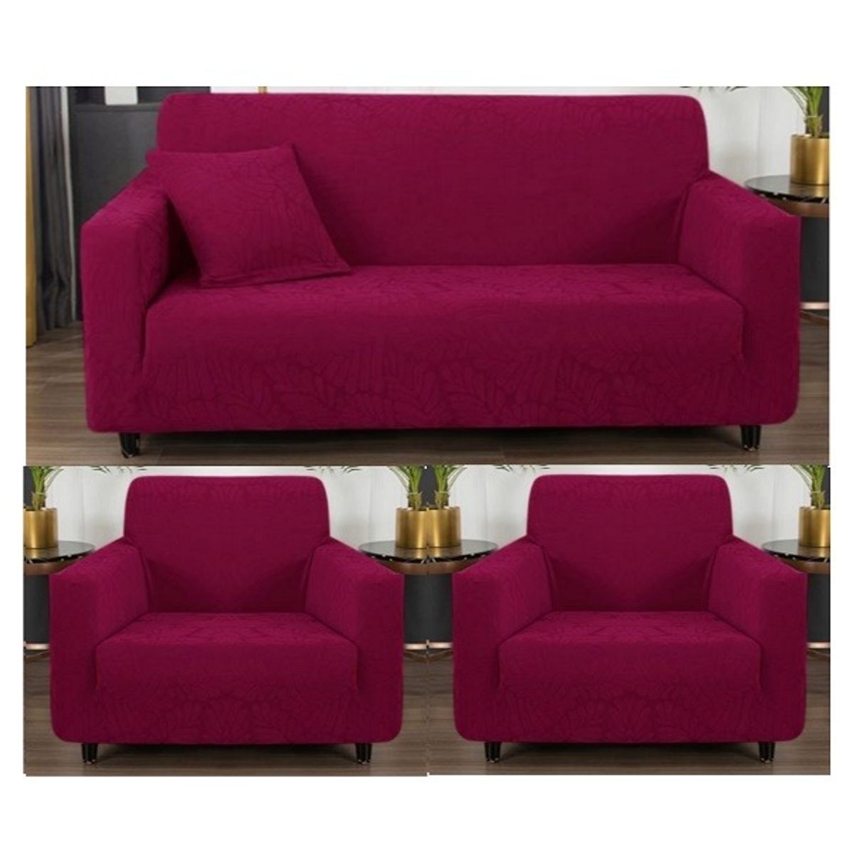 GENERICO - FUNDAS CUBRE SILLON 3+1+1 ELASTICADO VINO DISEÑO DE HOJA 3 FUNDAS TF