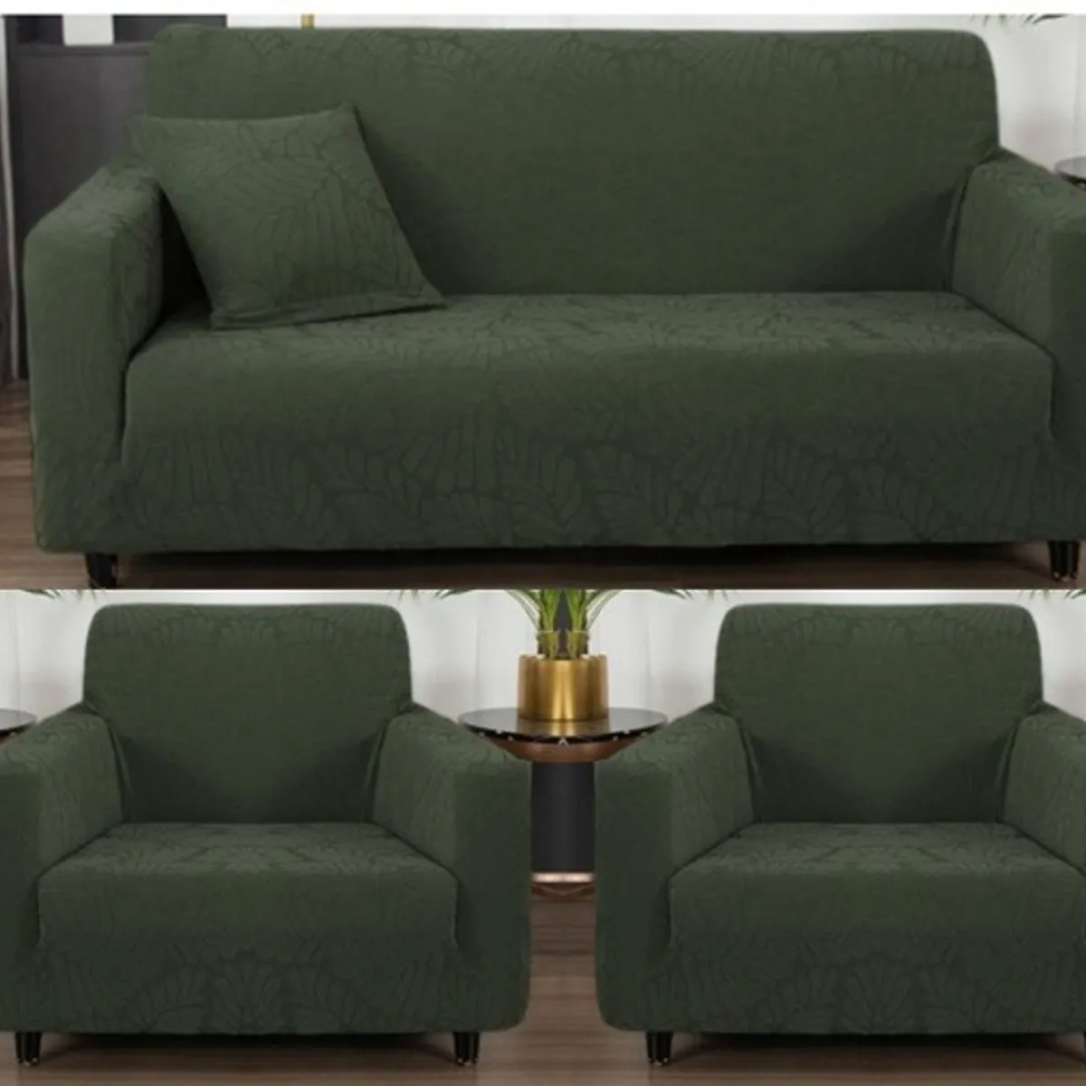 GENERICO - FUNDA CUBRE SILLON 3+1+1 ELASTICADO VERDE DISEÑO DE HOJA 3 FUNDA TF
