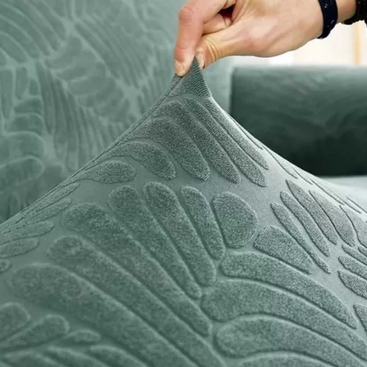 GENERICO - FUNDA CUBRE SILLON 3+1+1 ELASTICADO VERDE DISEÑO DE HOJA 3 FUNDA TF