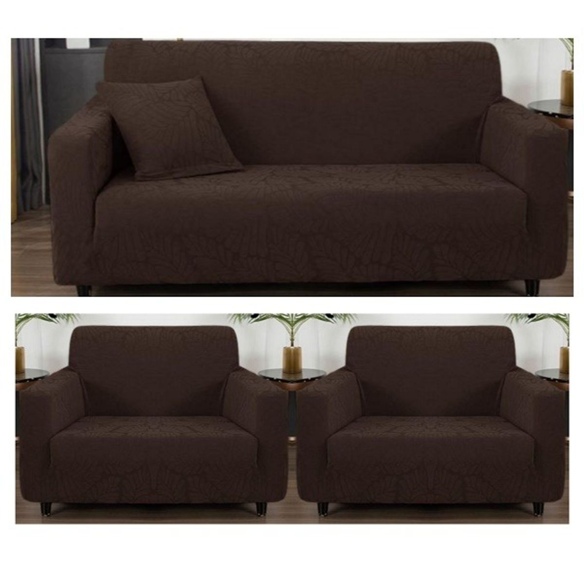 GENERICO - FUNDA CUBRE SILLON 3+1+1 ELASTICADO CAFE DISEÑO DE HOJA 3 FUNDA TF