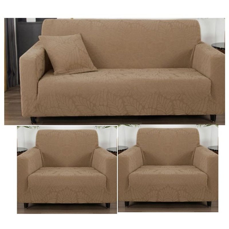 GENERICO - FUNDA CUBRE SILLON 3+1+1 ELASTICADO CAFE CLARO DISEÑO DE HOJA 3 FUNDA