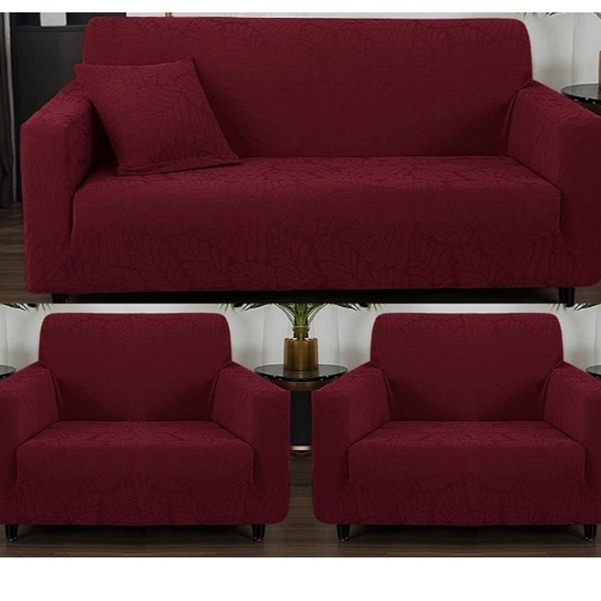 GENERICO - FUNDA CUBRE SILLON 3+1+1 ELASTICADO BURDEO DISEÑO DE HOJA 3 FUNDA TF